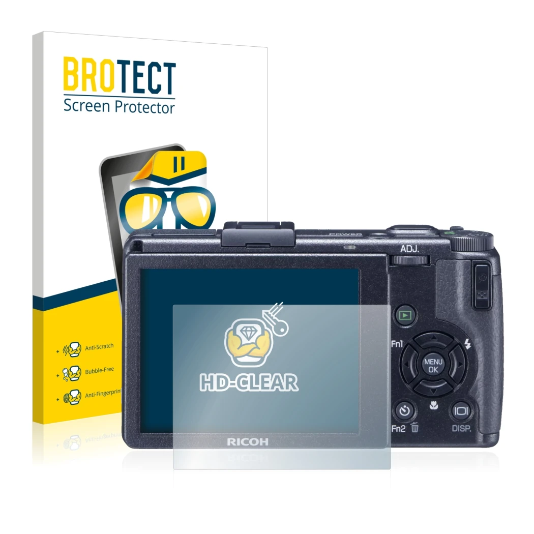 Front side of a product packaging with the brand logo BROTECT. Next to it is the device Ricoh GR Digital III (2009-2011) shown