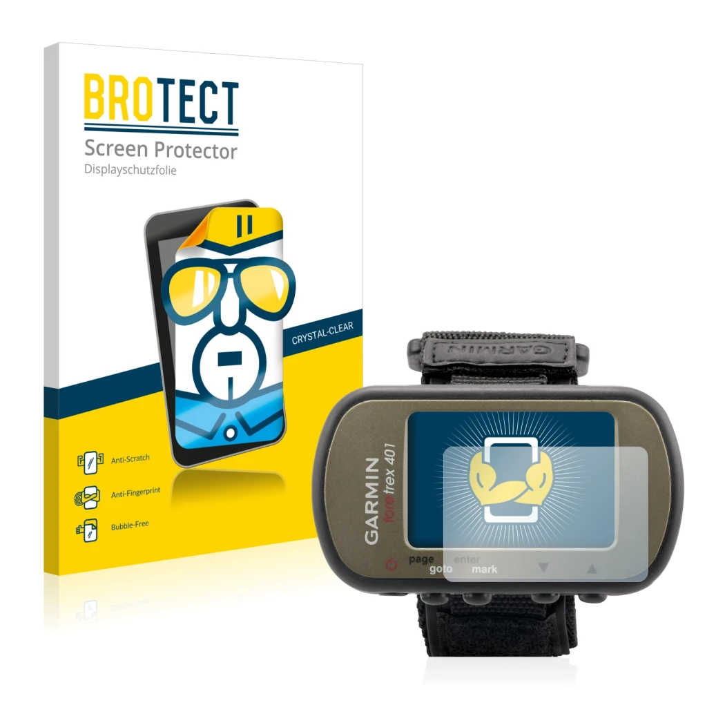 Front side of a product packaging with the brand logo BROTECT. Next to it is the device Garmin Foretrex 401 shown with the cor