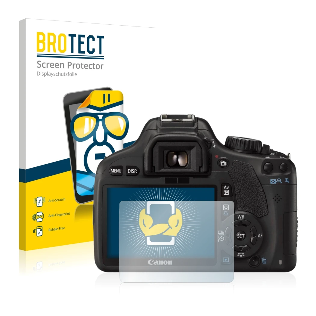 Front side of a product packaging with the brand logo BROTECT. Next to it is the device Canon EOS 550D shown with the correspo