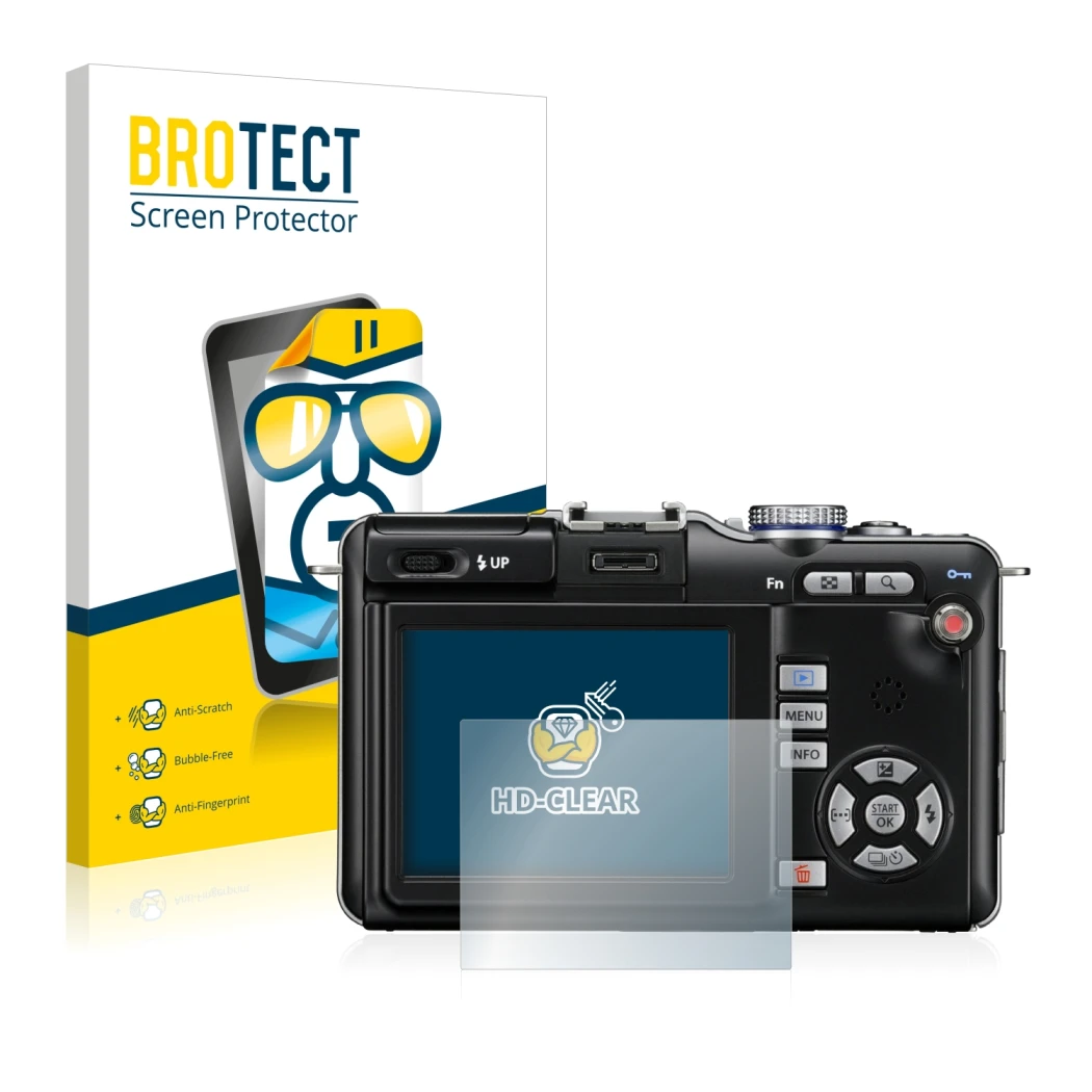 Front side of a product packaging with the brand logo BROTECT. Next to it is the device Olympus PEN E-PL1 shown with the corre