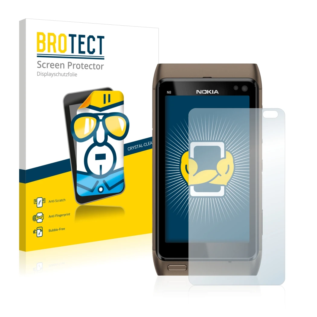 Front side of a product packaging with the brand logo BROTECT. Next to it is the device Nokia n8 shown with the corresponding 