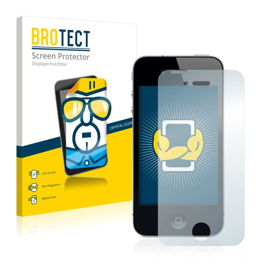Front side of a product packaging with the brand logo BROTECT. Next to it is the device Apple iPhone 4 shown with the correspo