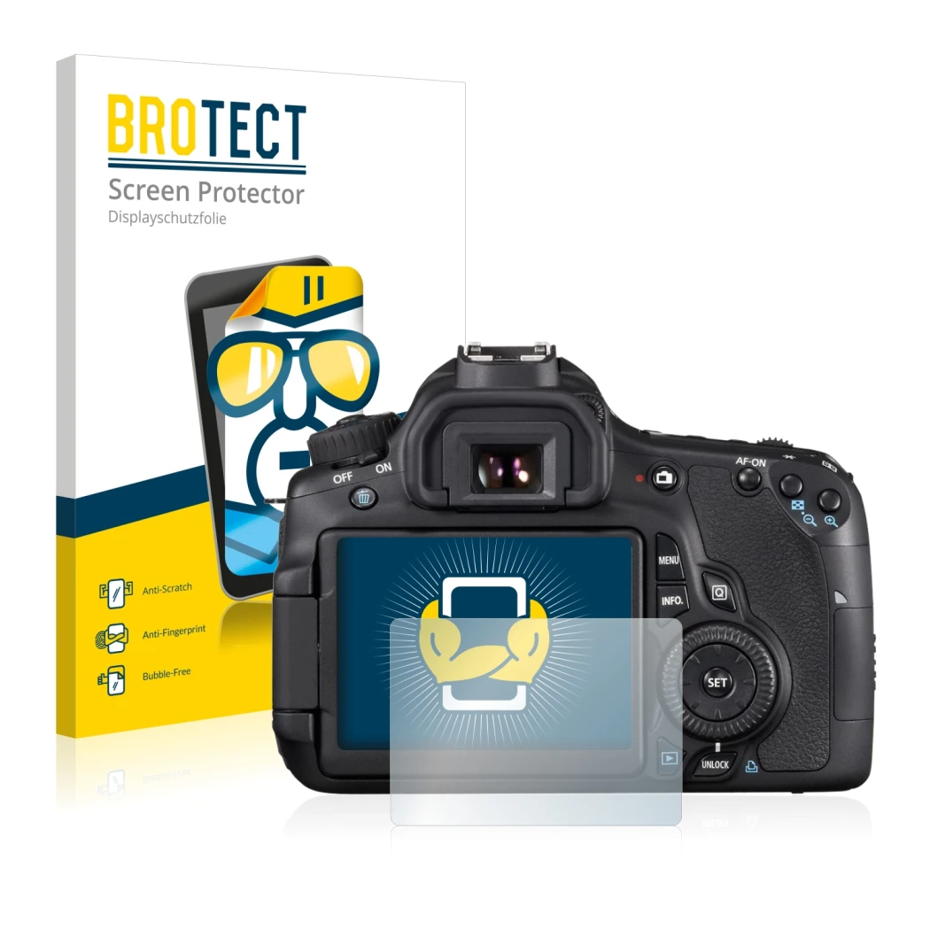 Front side of a product packaging with the brand logo BROTECT. Next to it is the device Canon EOS 60D shown with the correspon