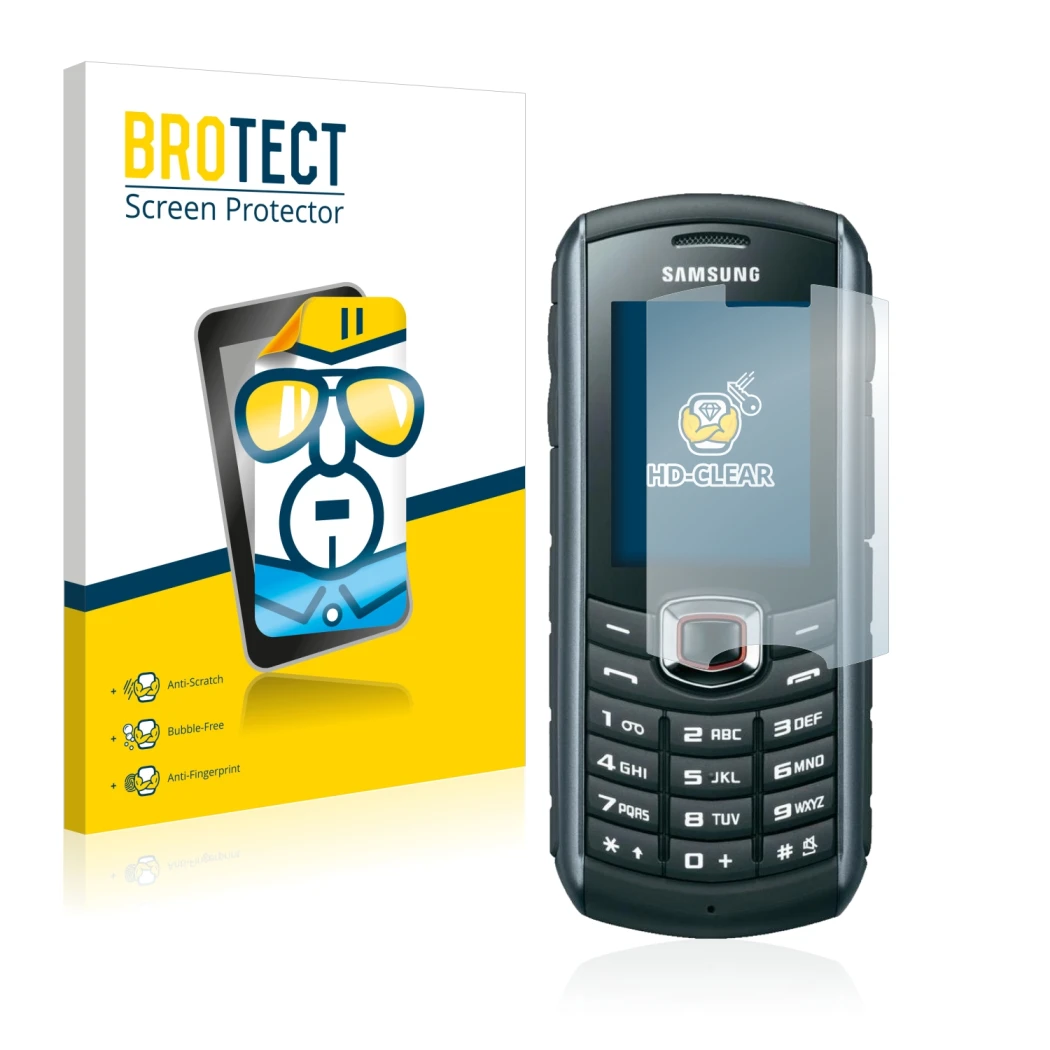 Front side of a product packaging with the brand logo BROTECT. Next to it is the device Samsung B2710 shown with the correspon