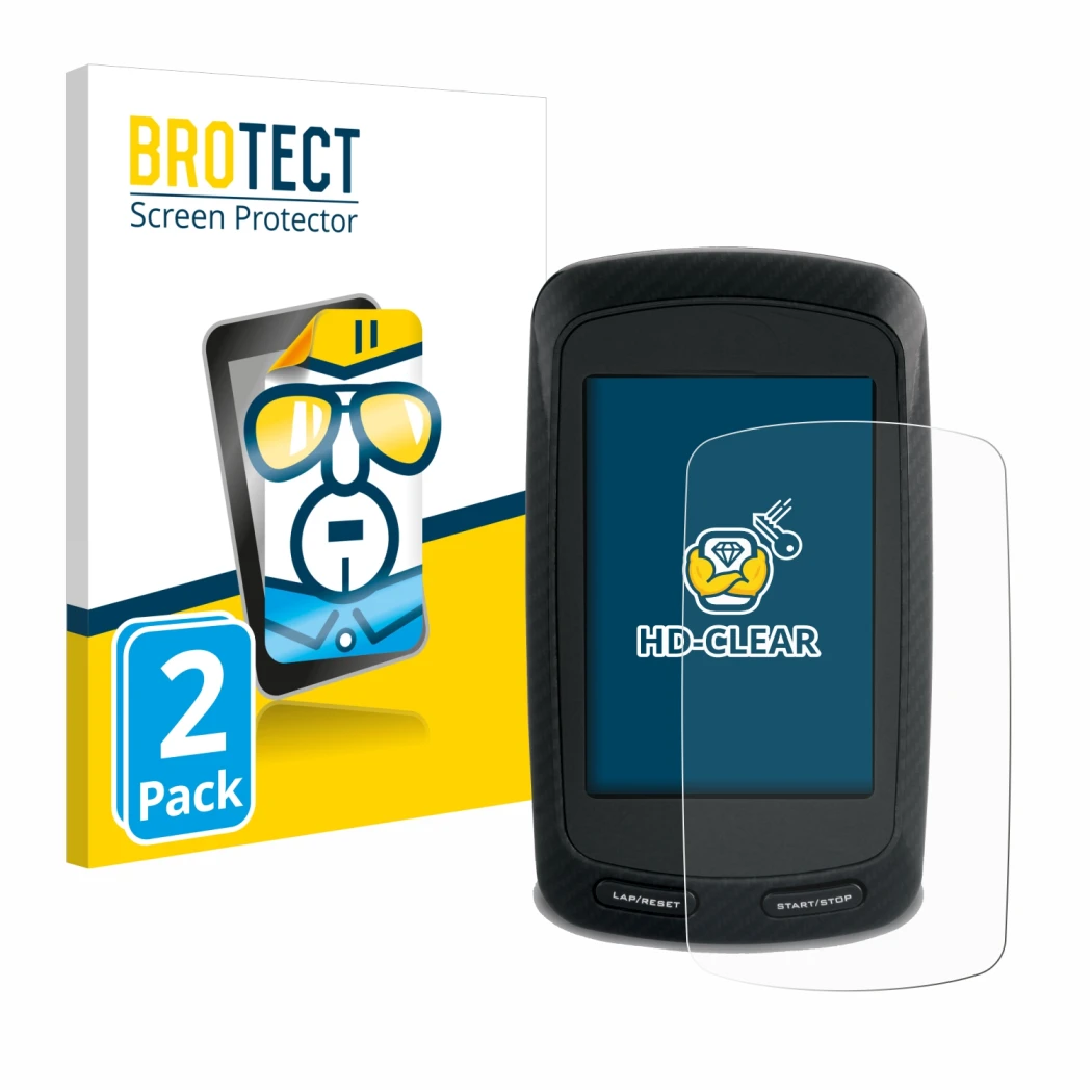 Front side of a product packaging with the brand logo BROTECT. Next to it is the device Garmin Edge 800 shown with the corresp