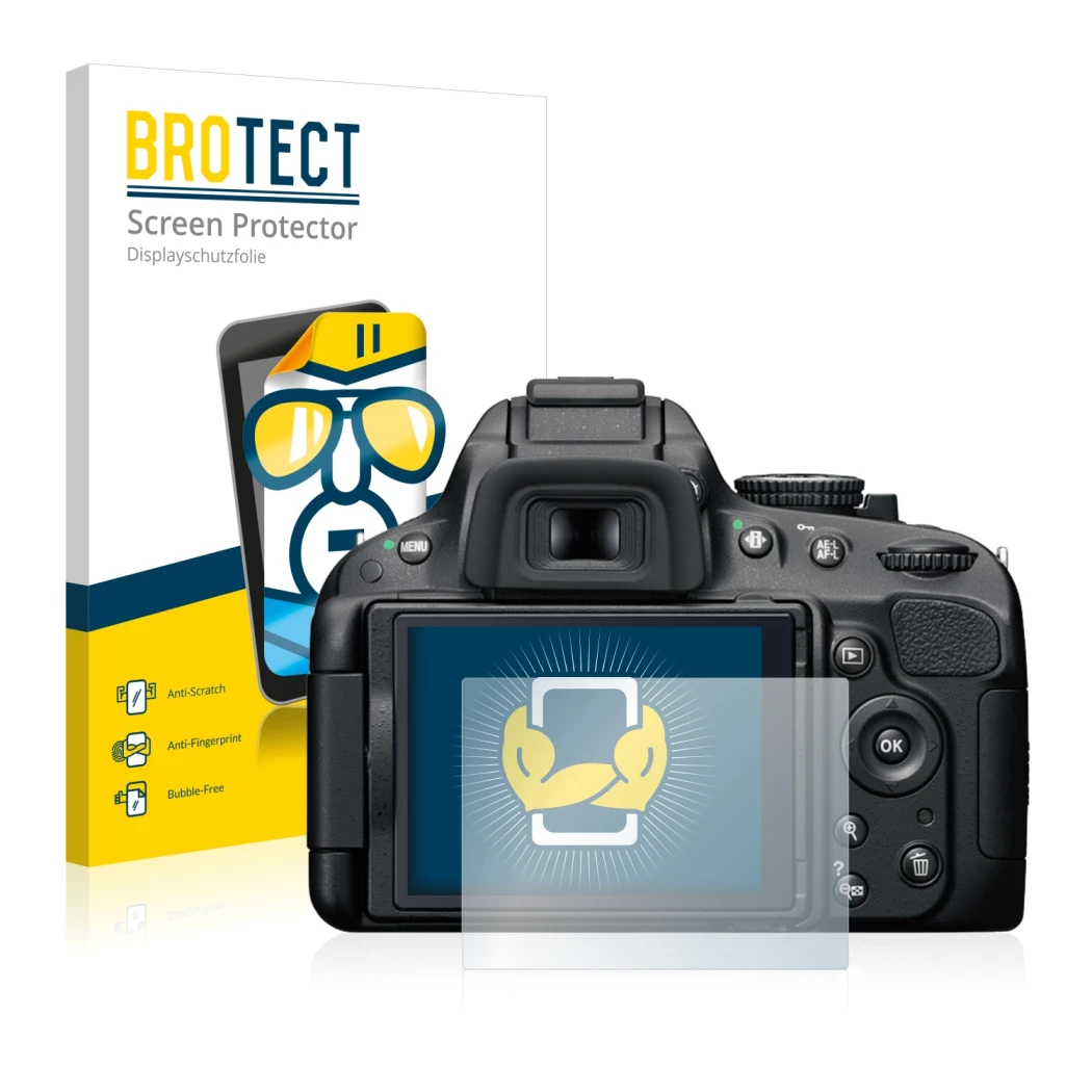 Front side of a product packaging with the brand logo BROTECT. Next to it is the device Nikon D5100 shown with the correspondi
