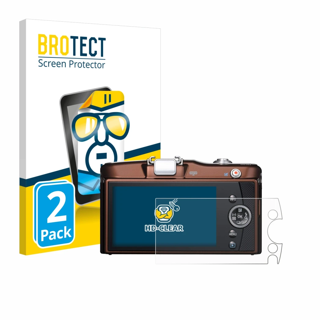 Front side of a product packaging with the brand logo BROTECT. Next to it is the device Olympus PEN E-PM1 shown with the corre