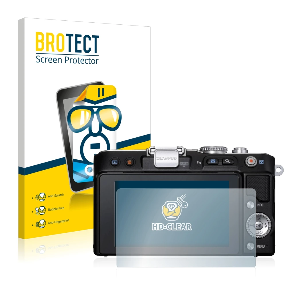 Front side of a product packaging with the brand logo BROTECT. Next to it is the device Olympus PEN E-PL3 shown with the corre