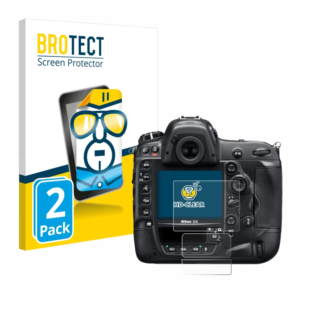 Front side of a product packaging with the brand logo BROTECT. Next to it is the device Nikon D4 shown with the corresponding