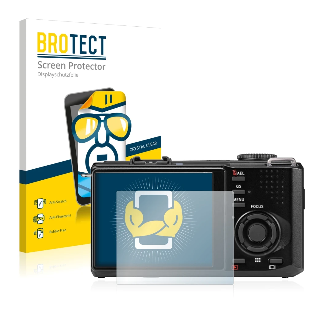 Front side of a product packaging with the brand logo BROTECT. Next to it is the device Sigma DP2 Merrill shown with the corre
