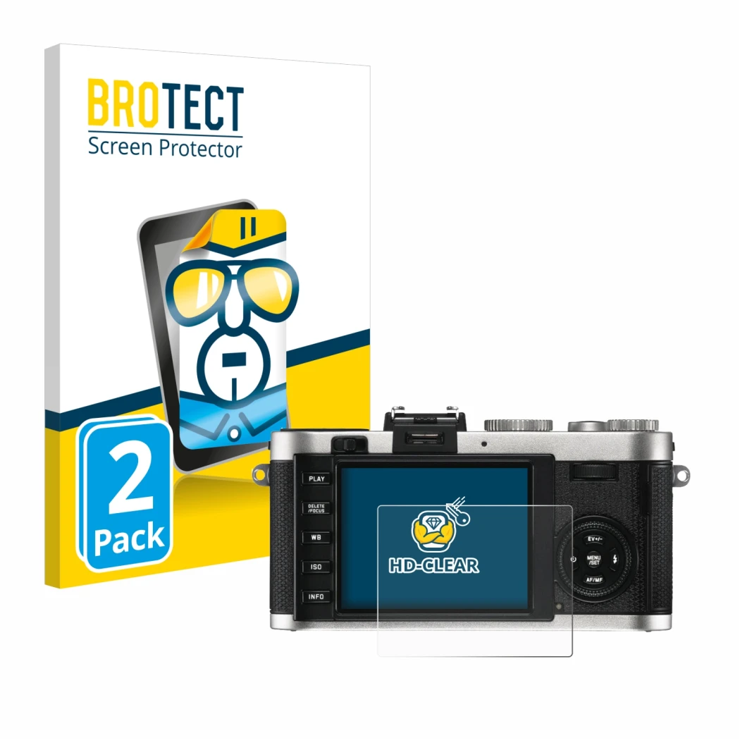 Front side of a product packaging with the brand logo BROTECT. Next to it is the device Leica X2 shown with the corresponding