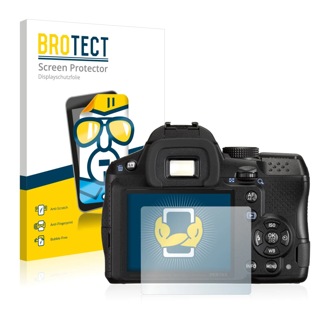 Front side of a product packaging with the brand logo BROTECT. Next to it is the device Pentax K-30 shown with the correspondi