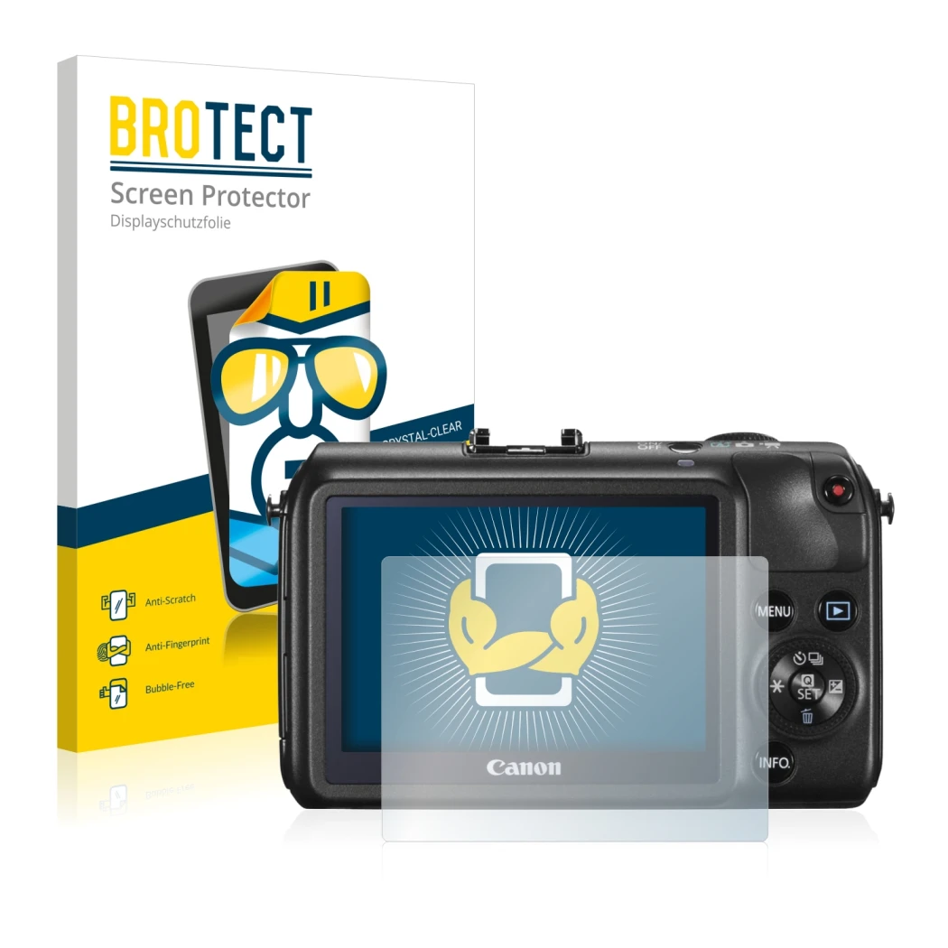 Front side of a product packaging with the brand logo BROTECT. Next to it is the device Canon EOS M shown with the correspondi