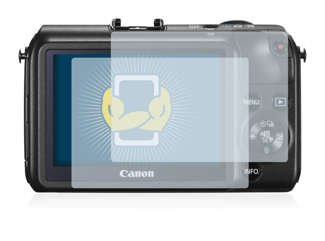 Image of the device Canon EOS M with a wide variety of screen protectors.