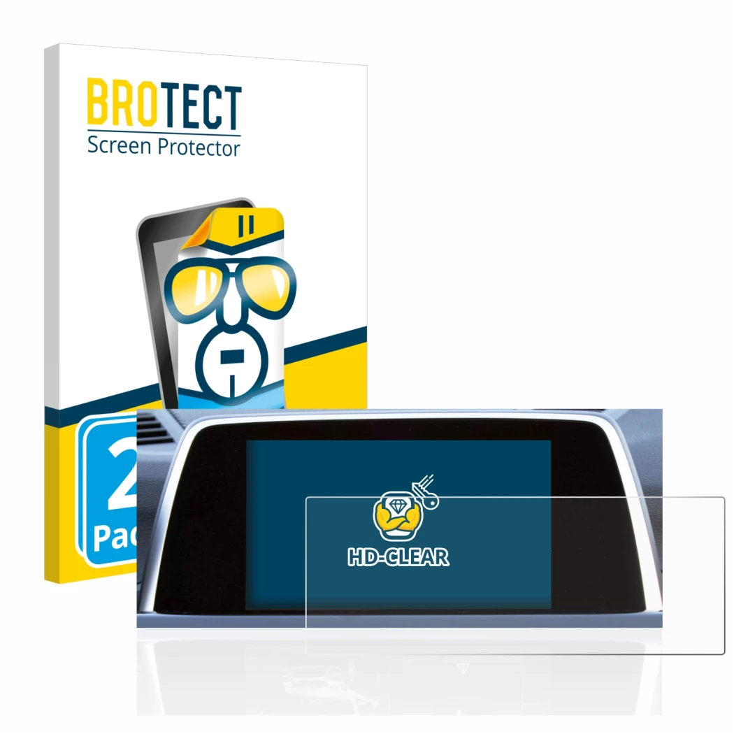 Front side of a product packaging with the brand logo BROTECT. Next to it is the device BMW 6 F13 Coupe 2011 iDrive Pro 10.2