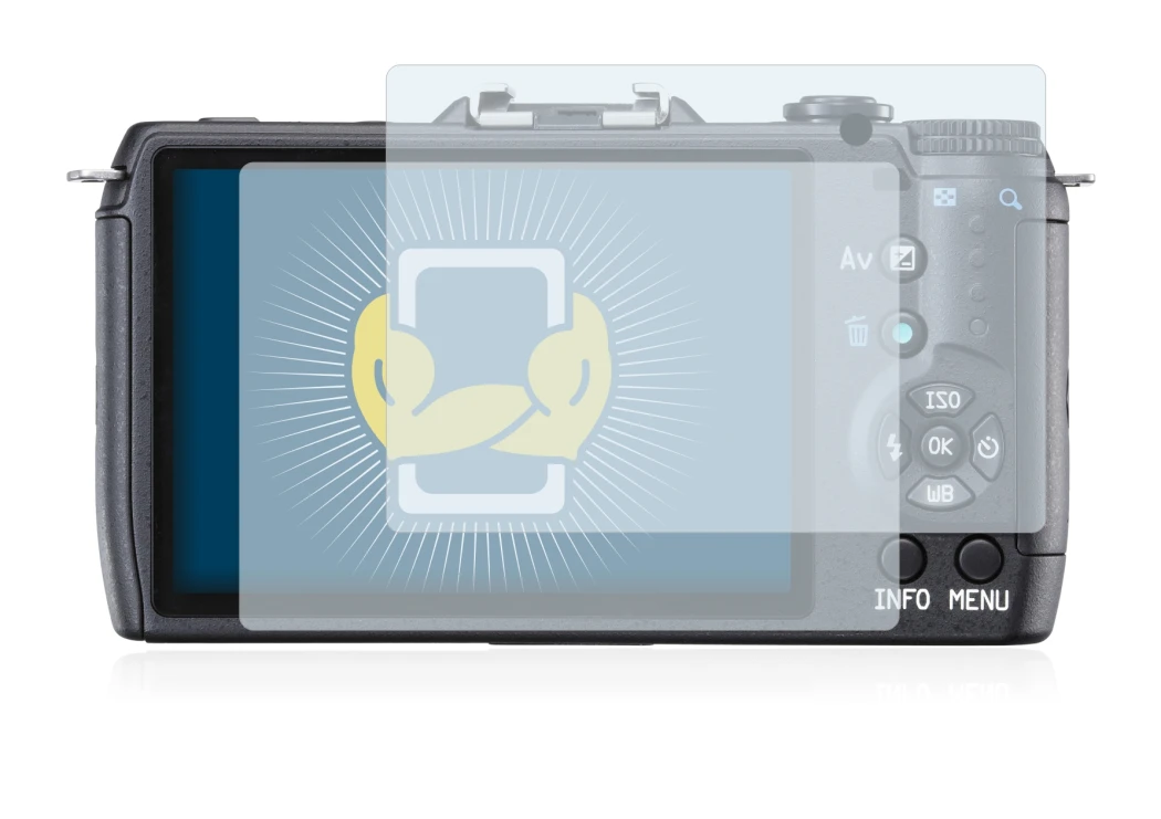 Image of the device Pentax Q10 with a wide variety of screen protectors.