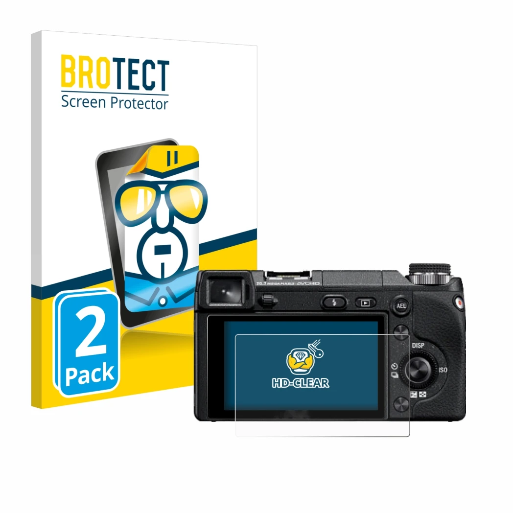 Front side of a product packaging with the brand logo BROTECT. Next to it is the device Sony Alpha NEX-6 shown with the corres