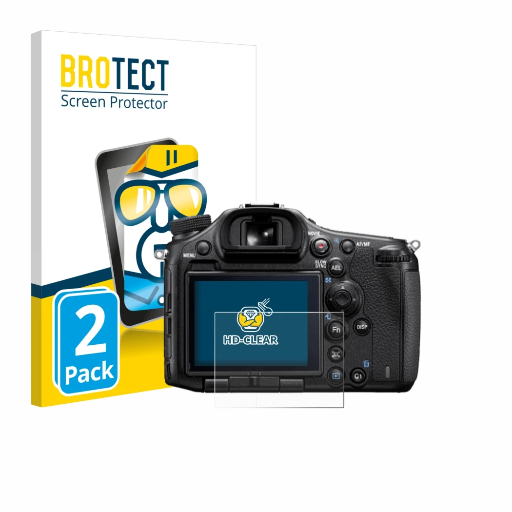 Front side of a product packaging with the brand logo BROTECT. Next to it is the device Sony Alpha 99 shown with the correspon
