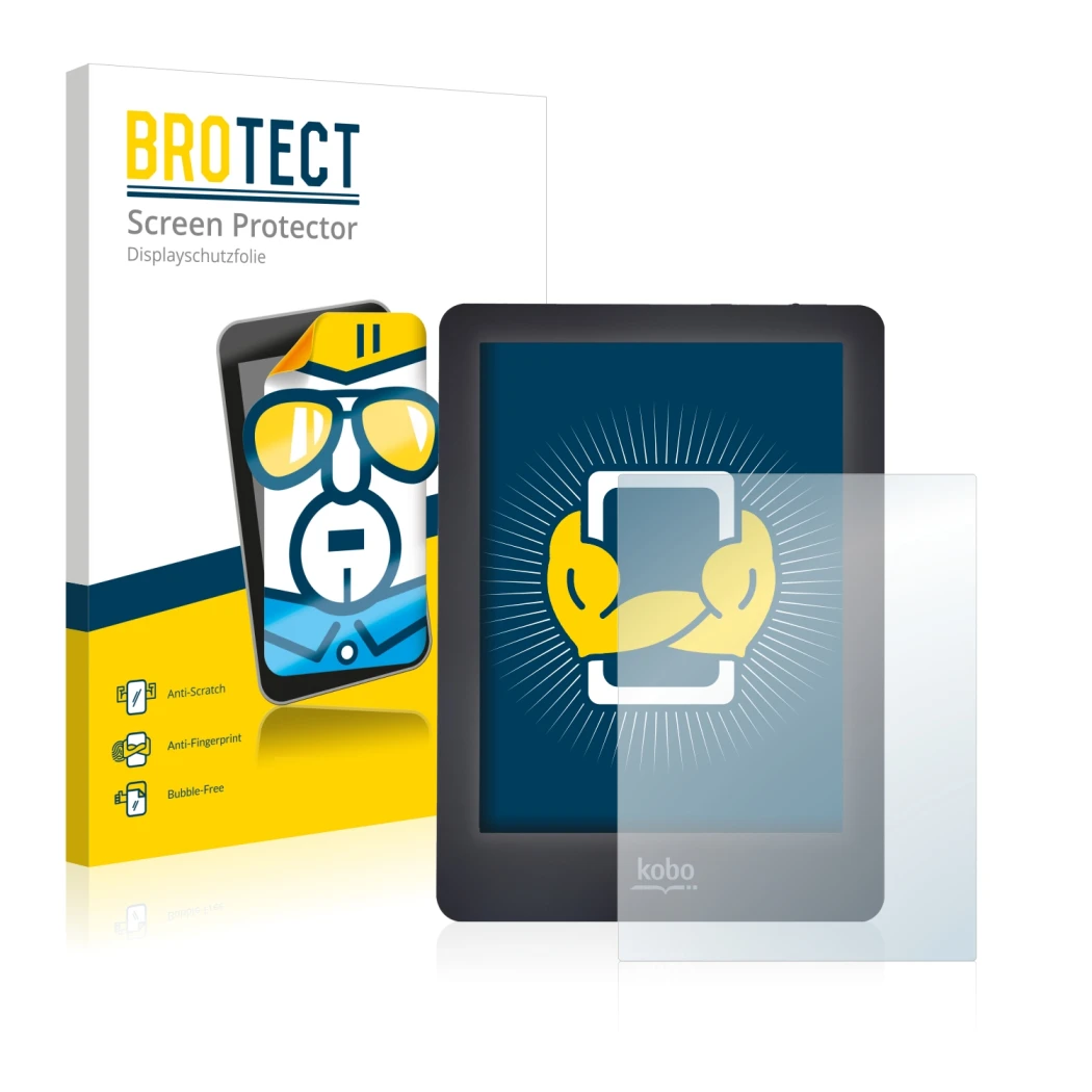 Front side of a product packaging with the brand logo BROTECT. Next to it is the device Kobo Glo shown with the corresponding