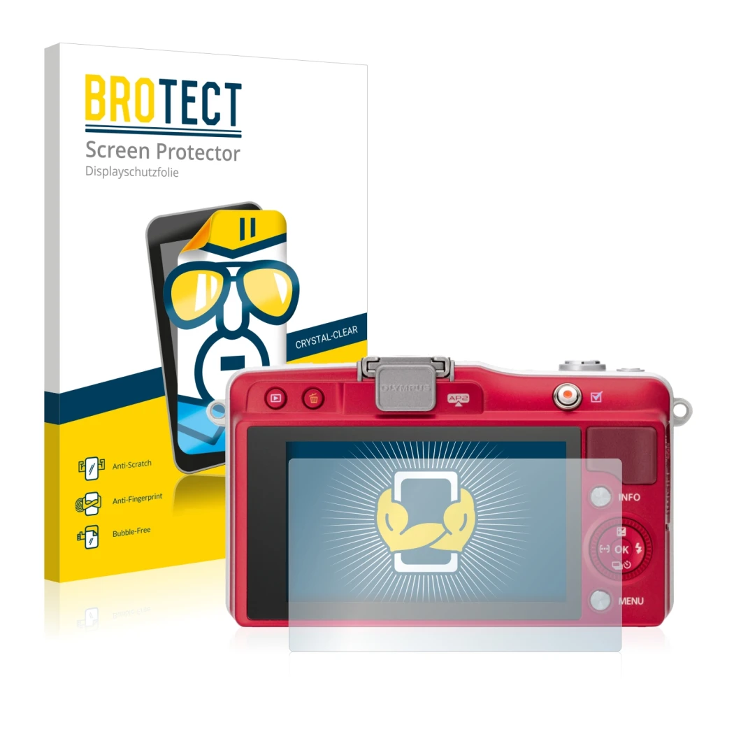Front side of a product packaging with the brand logo BROTECT. Next to it is the device Olympus PEN Mini E-PM2 shown with the