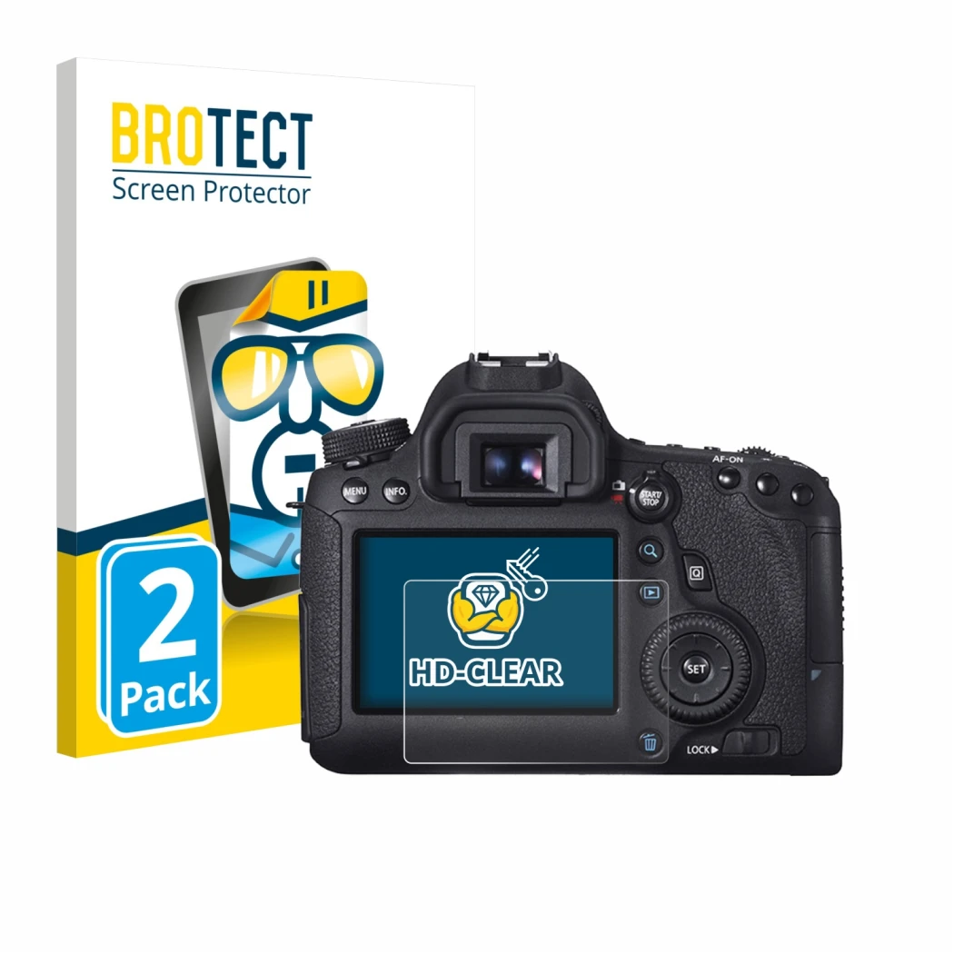Front side of a product packaging with the brand logo BROTECT. Next to it is the device Canon EOS 6D shown with the correspond