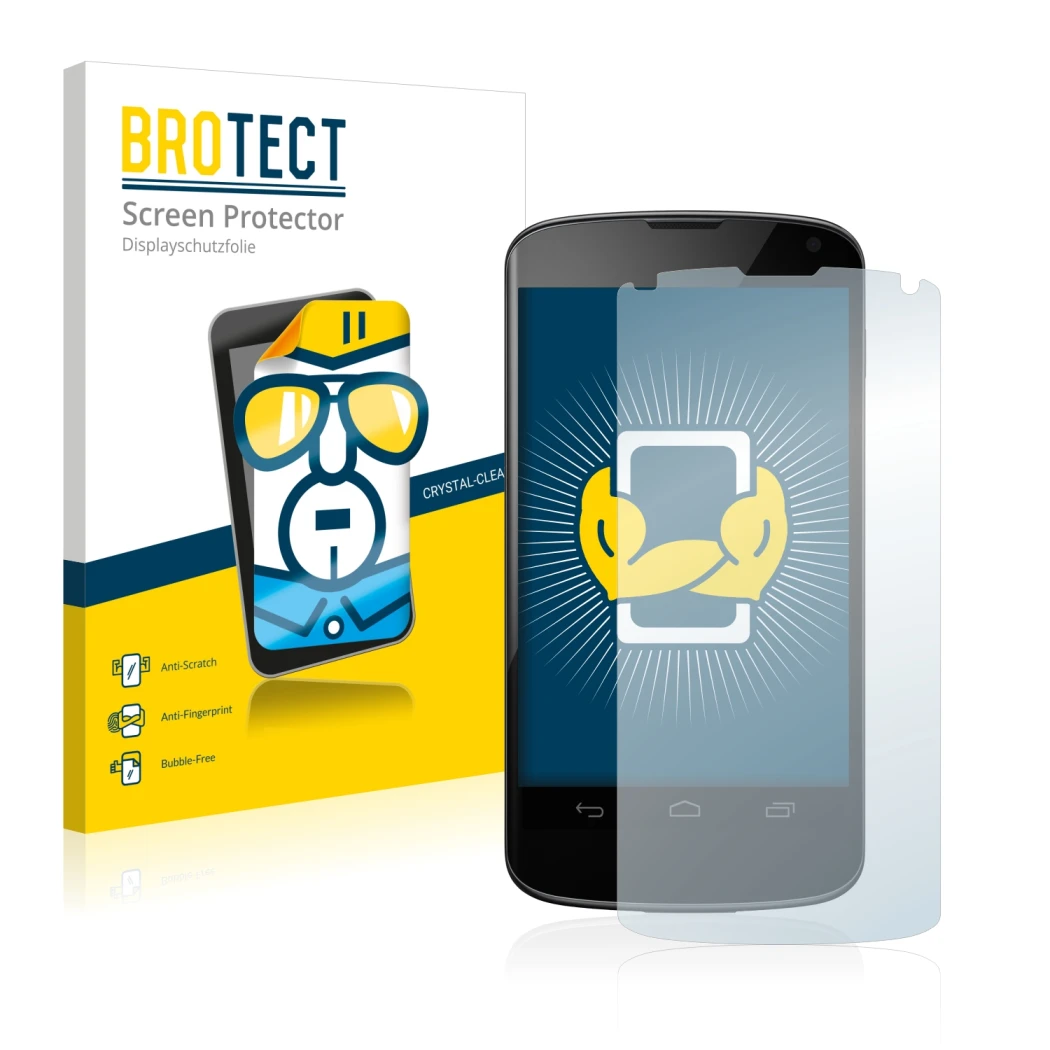 Front side of a product packaging with the brand logo BROTECT. Next to it is the device Google Nexus 4 shown with the correspo