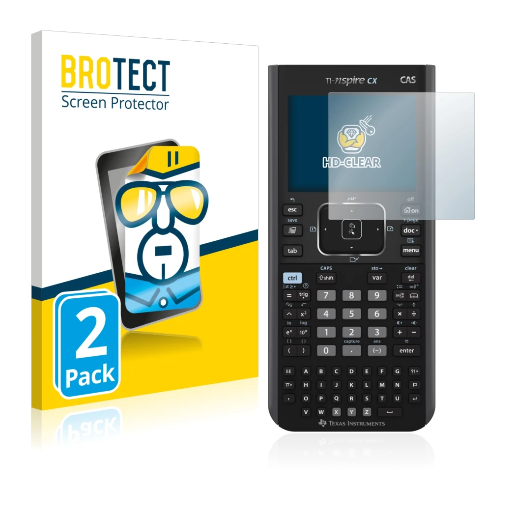Front side of a product packaging with the brand logo BROTECT. Next to it is the device Texas Instruments Nspire CX CAS shown 