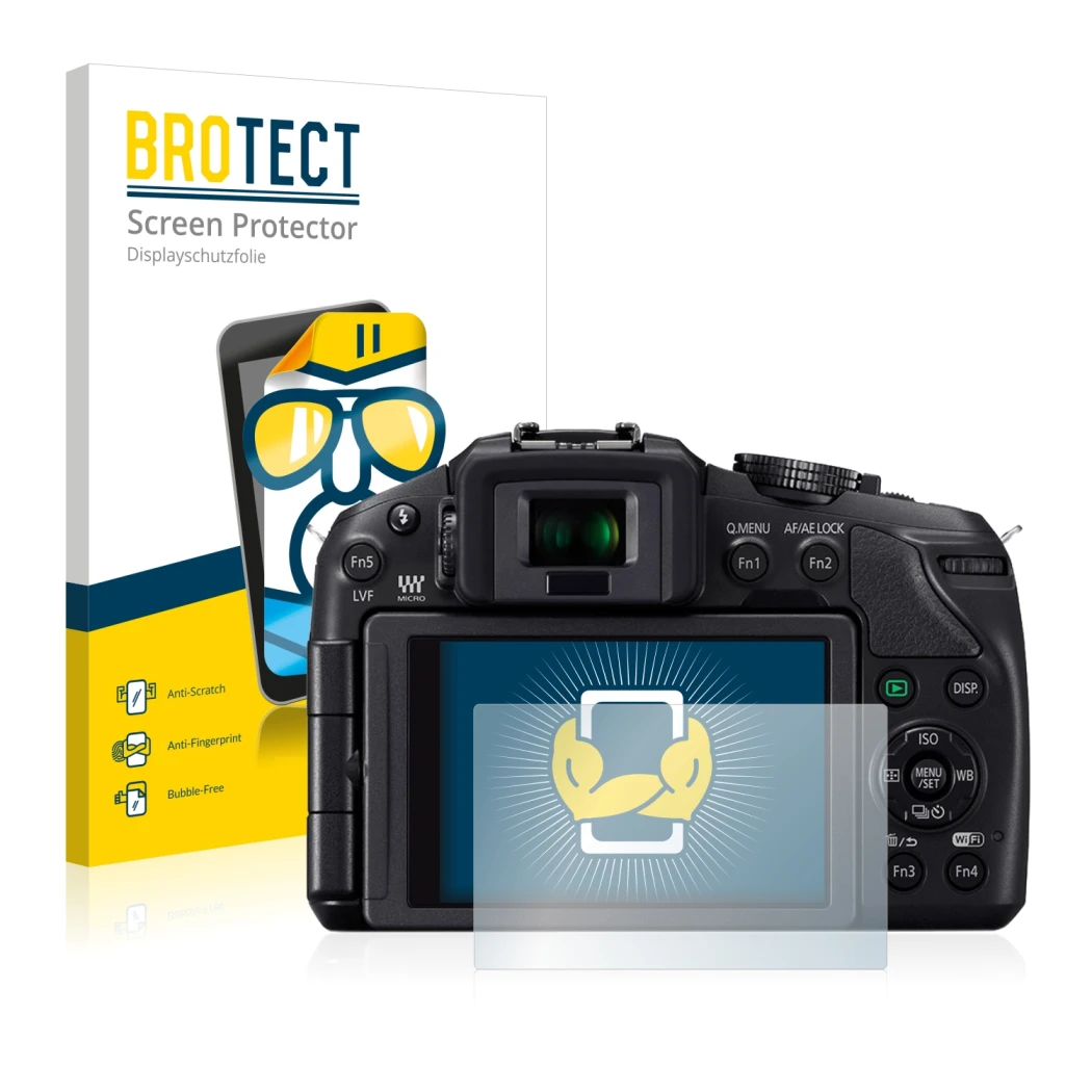 Front side of a product packaging with the brand logo BROTECT. Next to it is the device Panasonic Lumix DMC-G6 shown with the