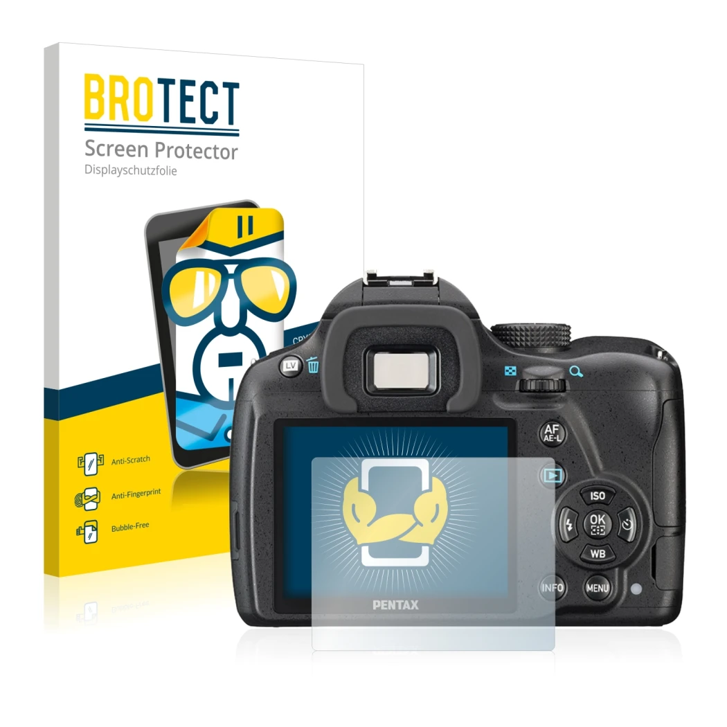 Front side of a product packaging with the brand logo BROTECT. Next to it is the device Pentax K-50 shown with the correspondi
