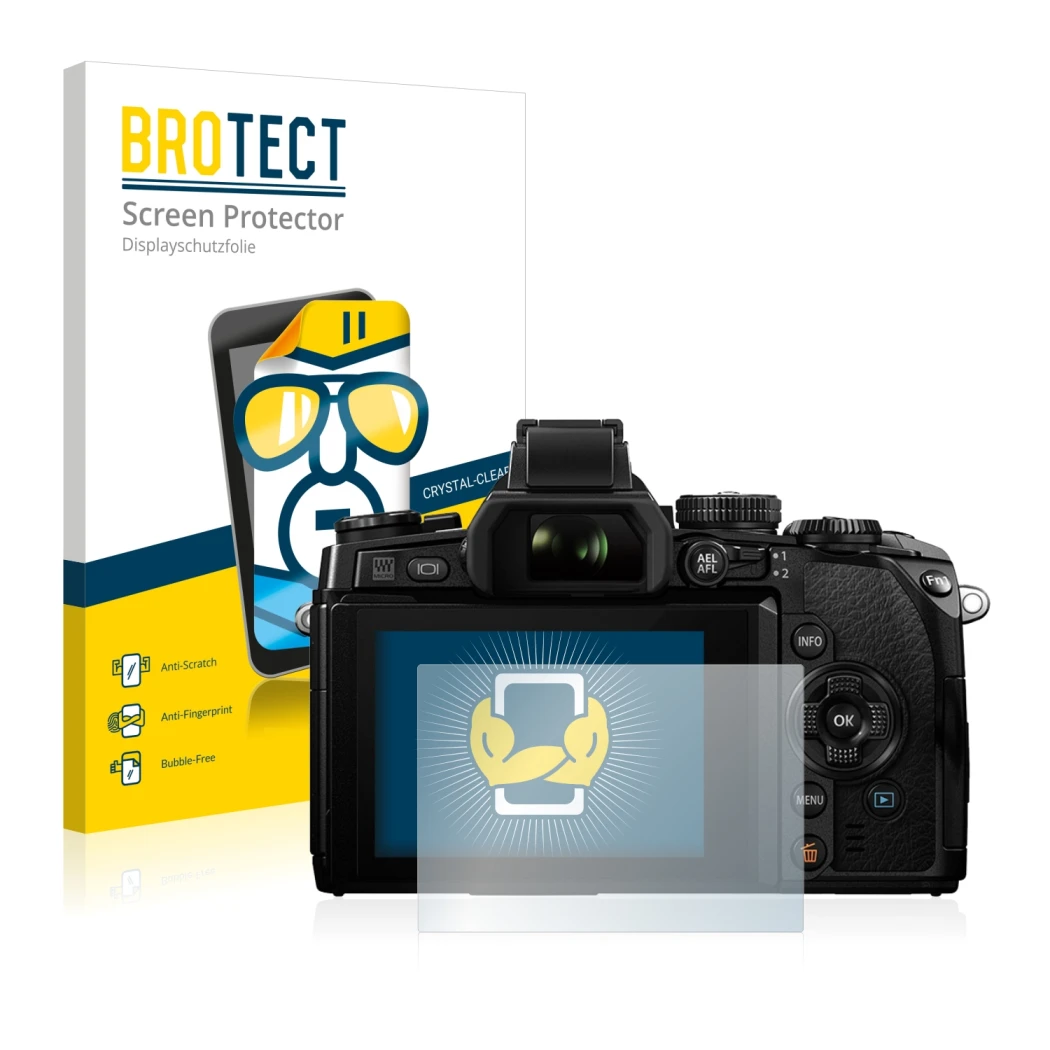 Front side of a product packaging with the brand logo BROTECT. Next to it is the device Olympus OM-D E-M1 shown with the corre