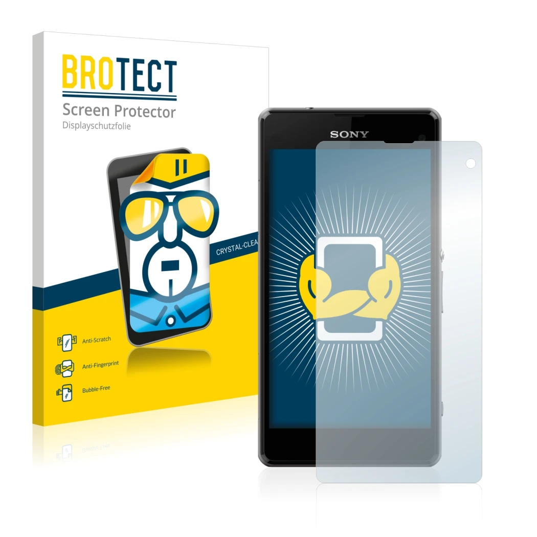 Front side of a product packaging with the brand logo BROTECT. Next to it is the device Sony Xperia Z1 Compact D5503 shown wit