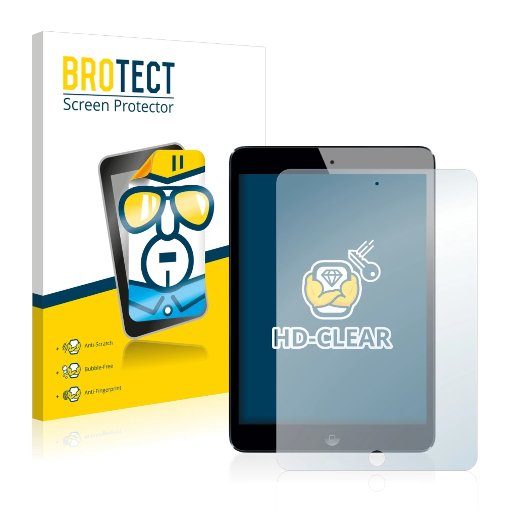 Front side of a product packaging with the brand logo BROTECT. Next to it is the device Apple iPad Mini 2 2013 shown with the