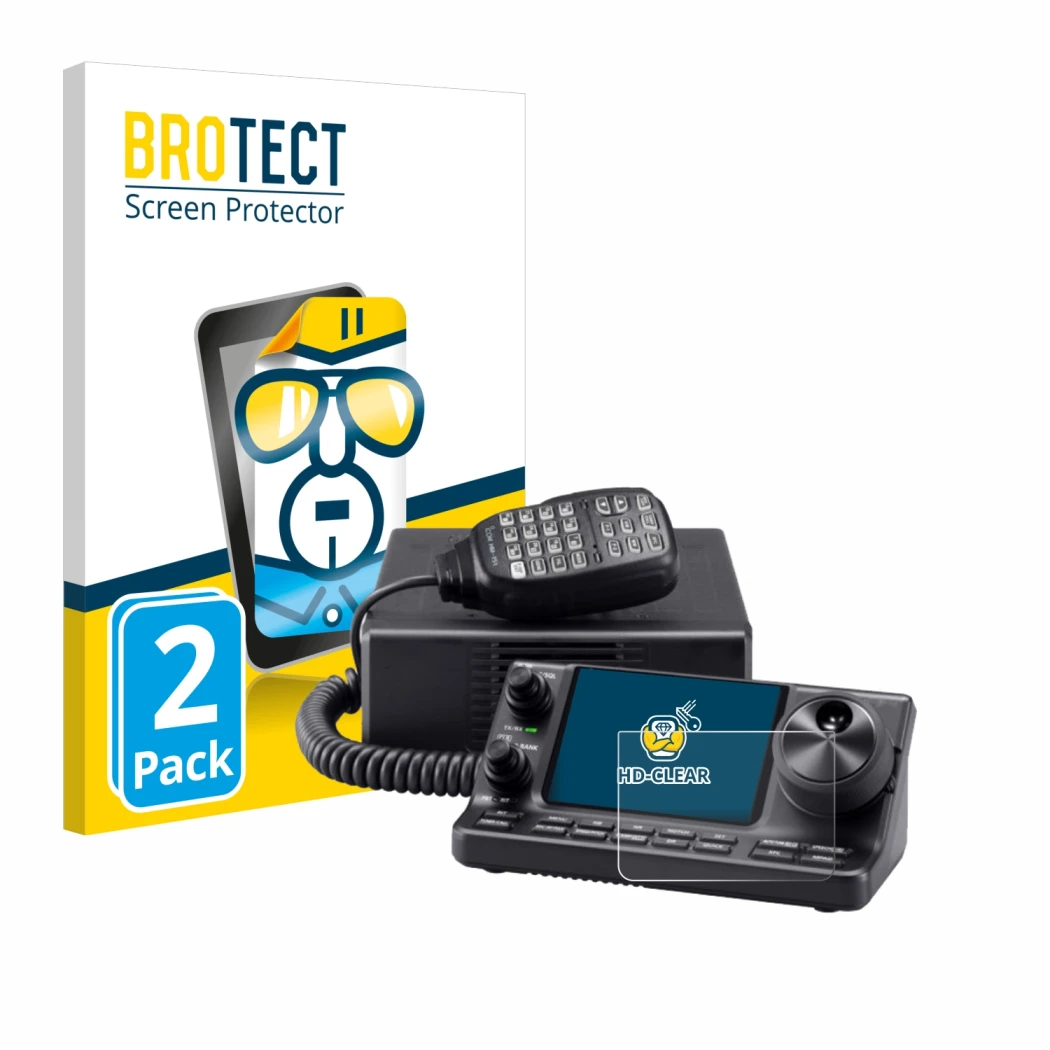 Front side of a product packaging with the brand logo BROTECT. Next to it is the device Icom IC-7100 shown with the correspond