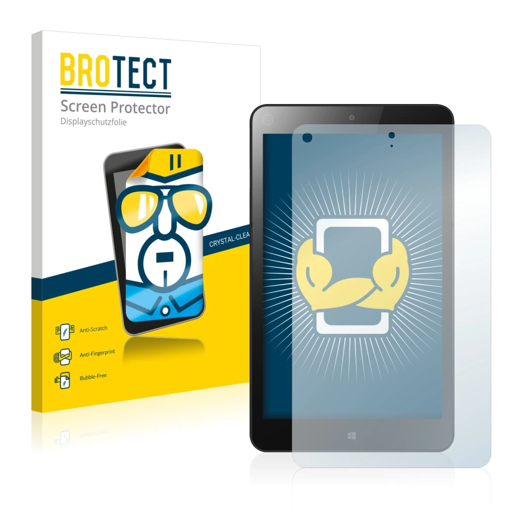 Front side of a product packaging with the brand logo BROTECT. Next to it is the device Lenovo ThinkPad Tablet 8 shown with th