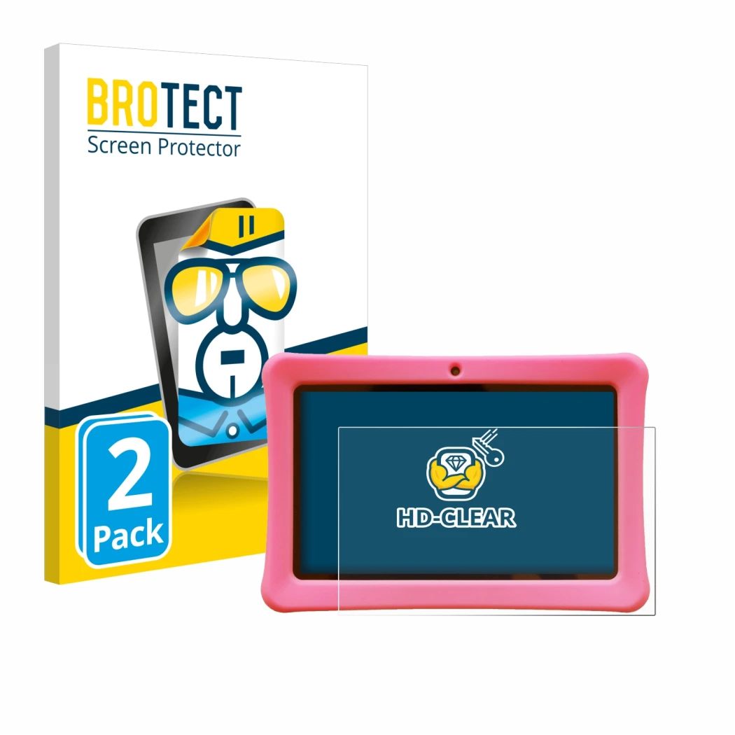 Front side of a product packaging with the brand logo BROTECT. Next to it is the device Contixo Kids 7