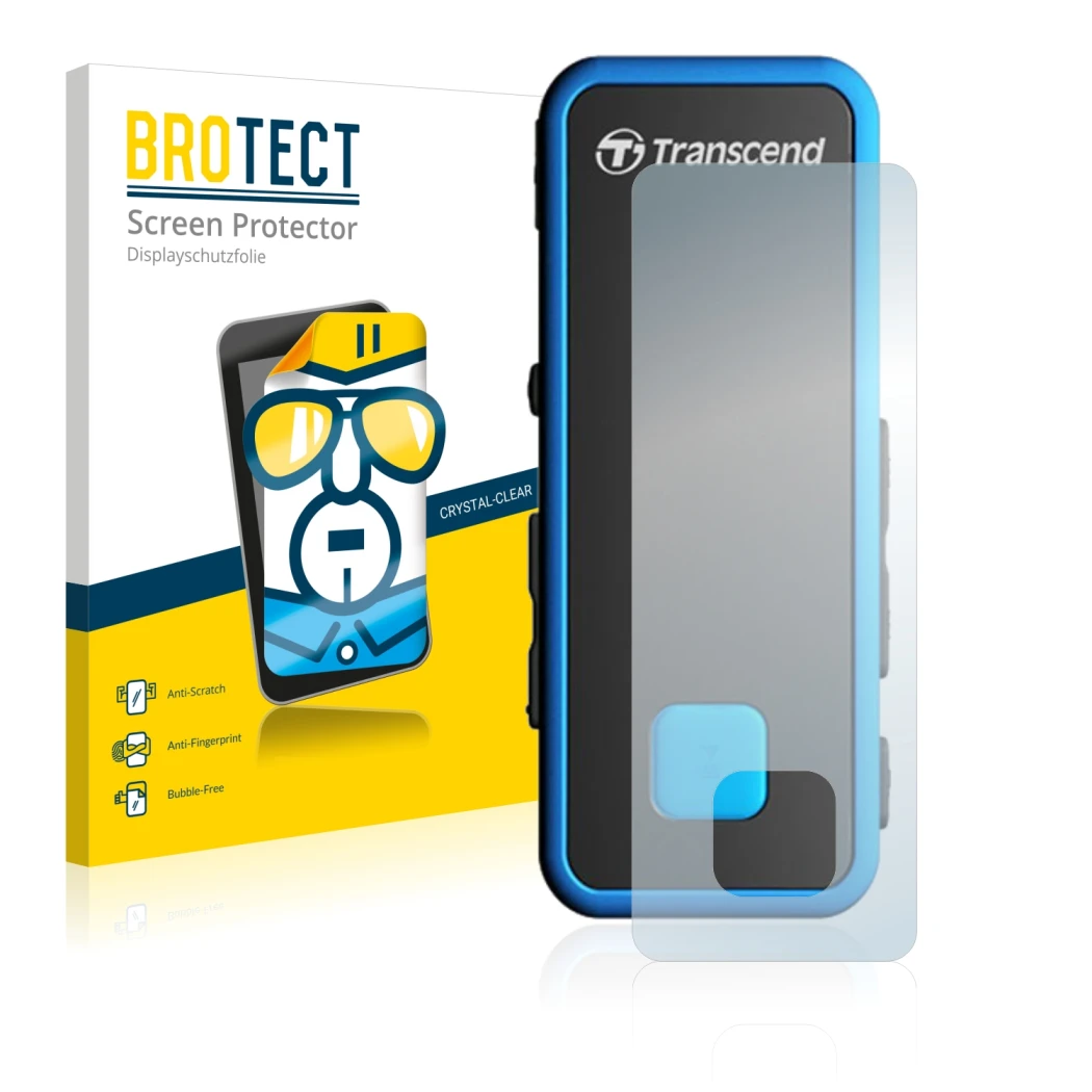 Front side of a product packaging with the brand logo BROTECT. Next to it is the device Transcend MP350 shown with the corresp