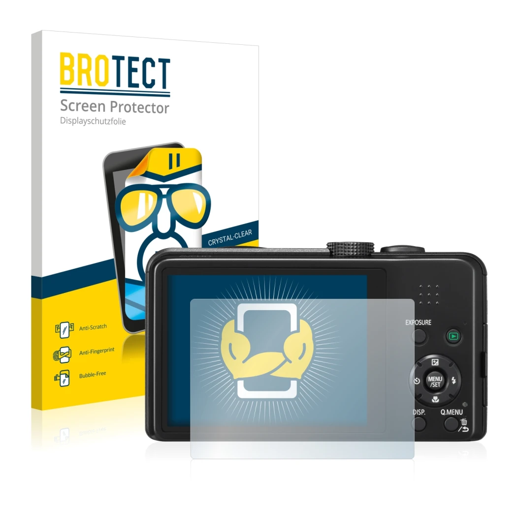 Front side of a product packaging with the brand logo BROTECT. Next to it is the device Panasonic Lumix DMC-TZ35 shown with th