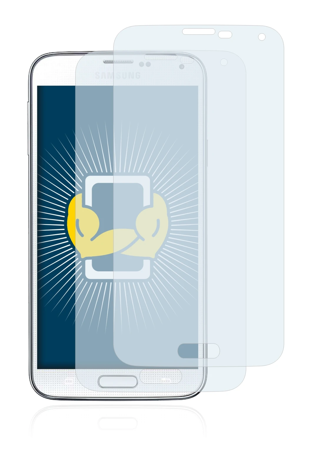 Image of the device Samsung Galaxy S5 with a wide variety of screen protectors.