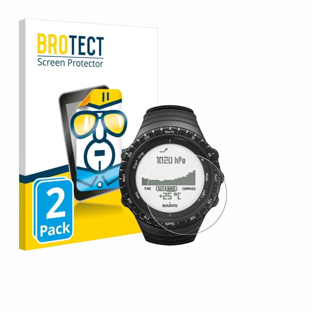 Front side of a product packaging with the brand logo BROTECT. Next to it is the device Suunto Core Regular Black shown with t