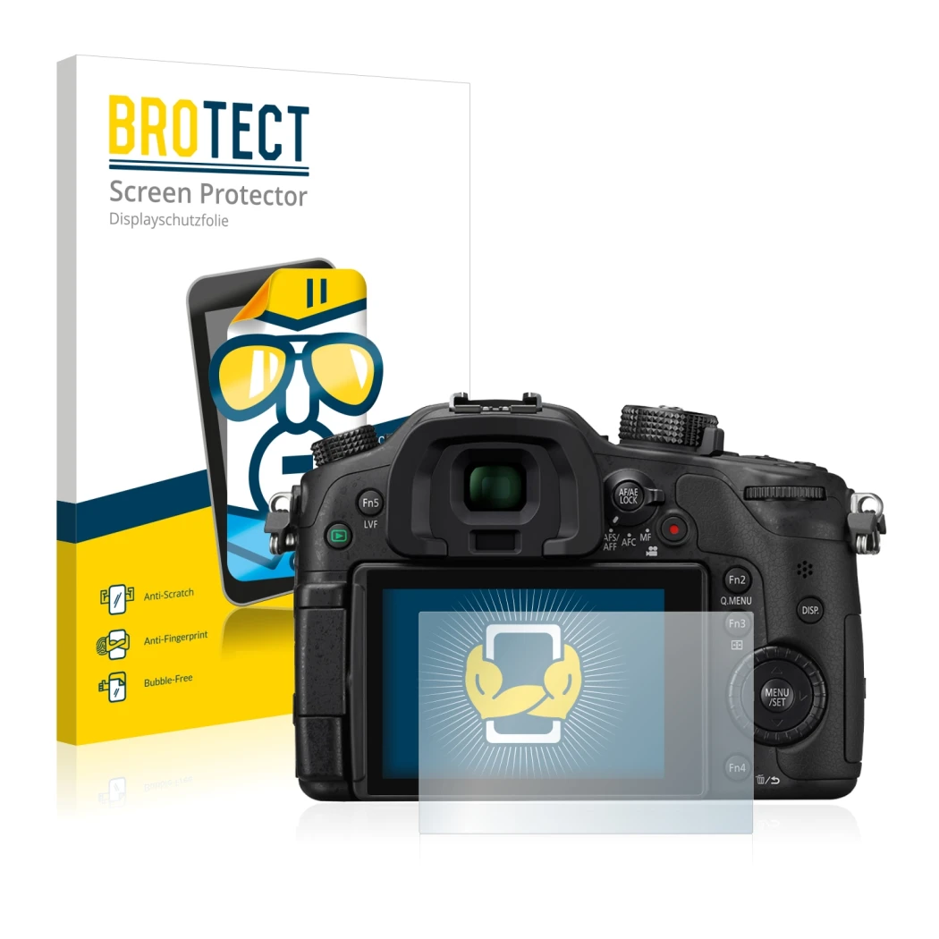 Front side of a product packaging with the brand logo BROTECT. Next to it is the device Panasonic Lumix DMC-GH4 shown with the