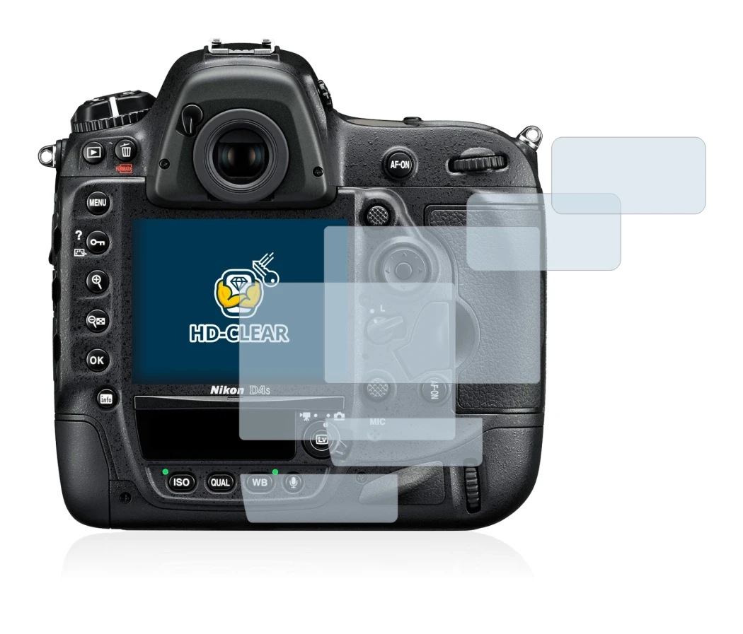 Image of the device Nikon D4S with a wide variety of screen protectors.