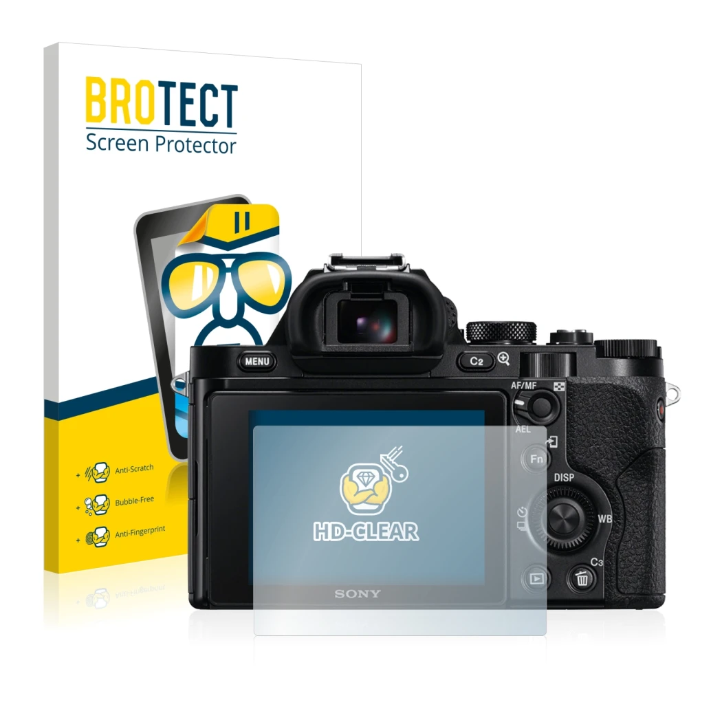 Front side of a product packaging with the brand logo BROTECT. Next to it is the device Sony Alpha 7S shown with the correspon