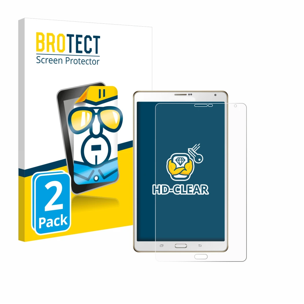 Front side of a product packaging with the brand logo BROTECT. Next to it is the device Samsung Galaxy Tab S 8.4 SM-T705 shown