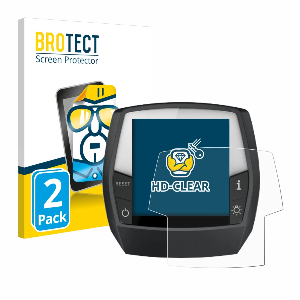 Front side of a product packaging with the brand logo BROTECT. Next to it is the device Bosch Intuvia Active Line shown with t