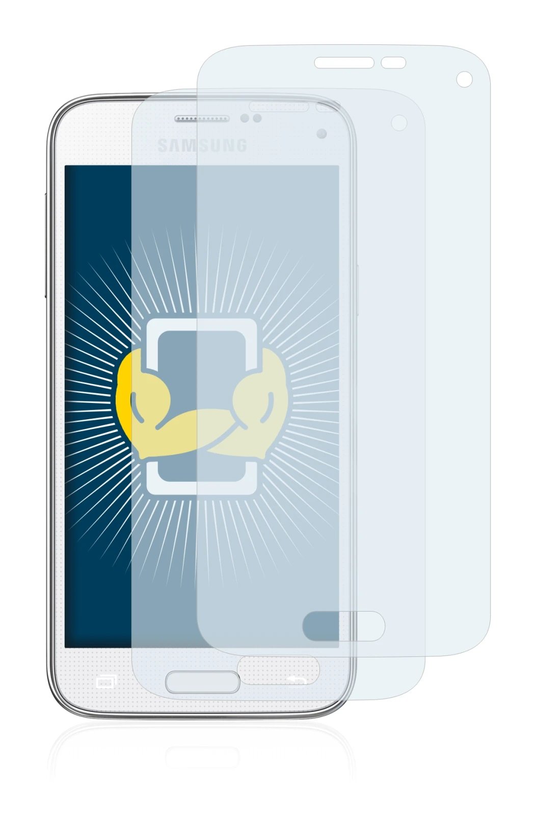 Image of the device Samsung Galaxy S5 Mini SM-G800 with a wide variety of screen protectors.