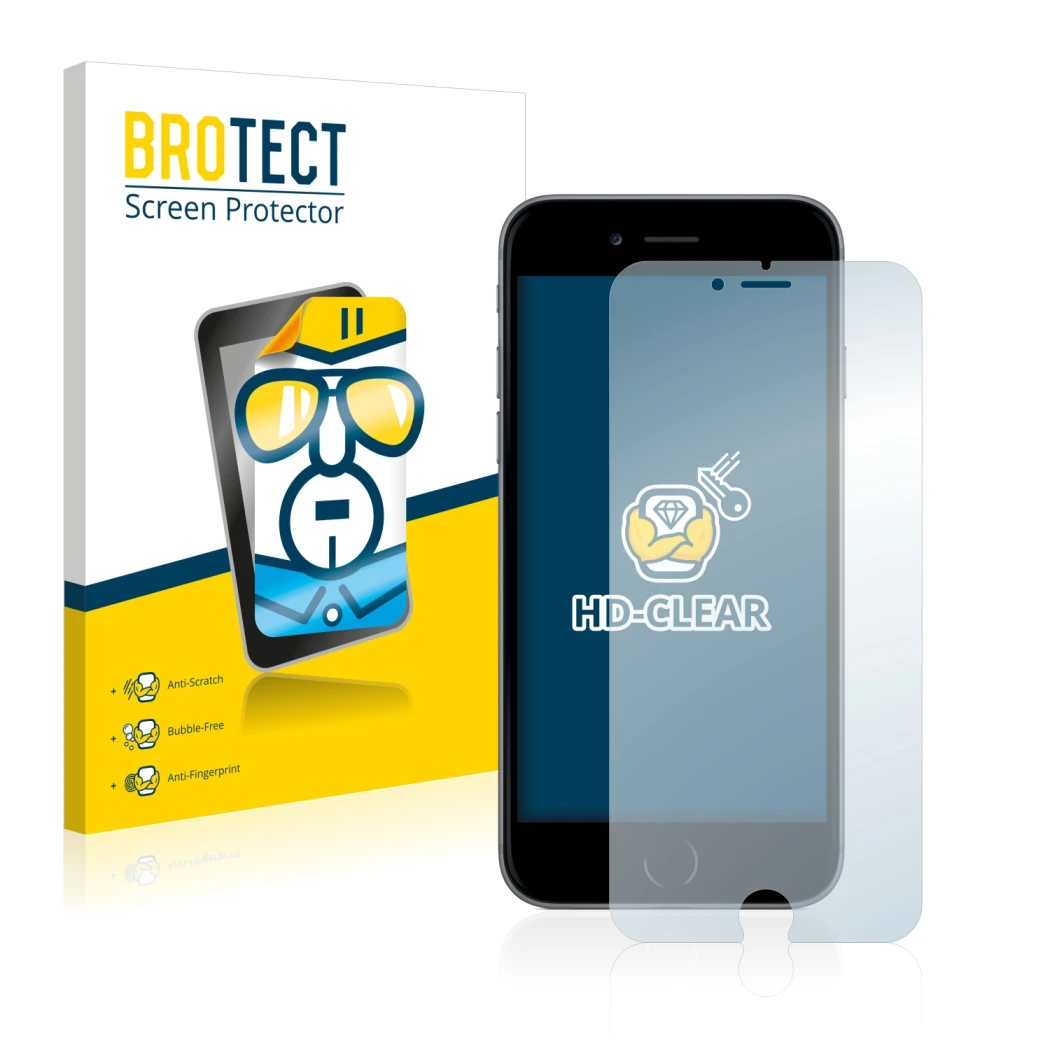 Front side of a product packaging with the brand logo BROTECT. Next to it is the device Apple iPhone 6 Plus shown with the cor