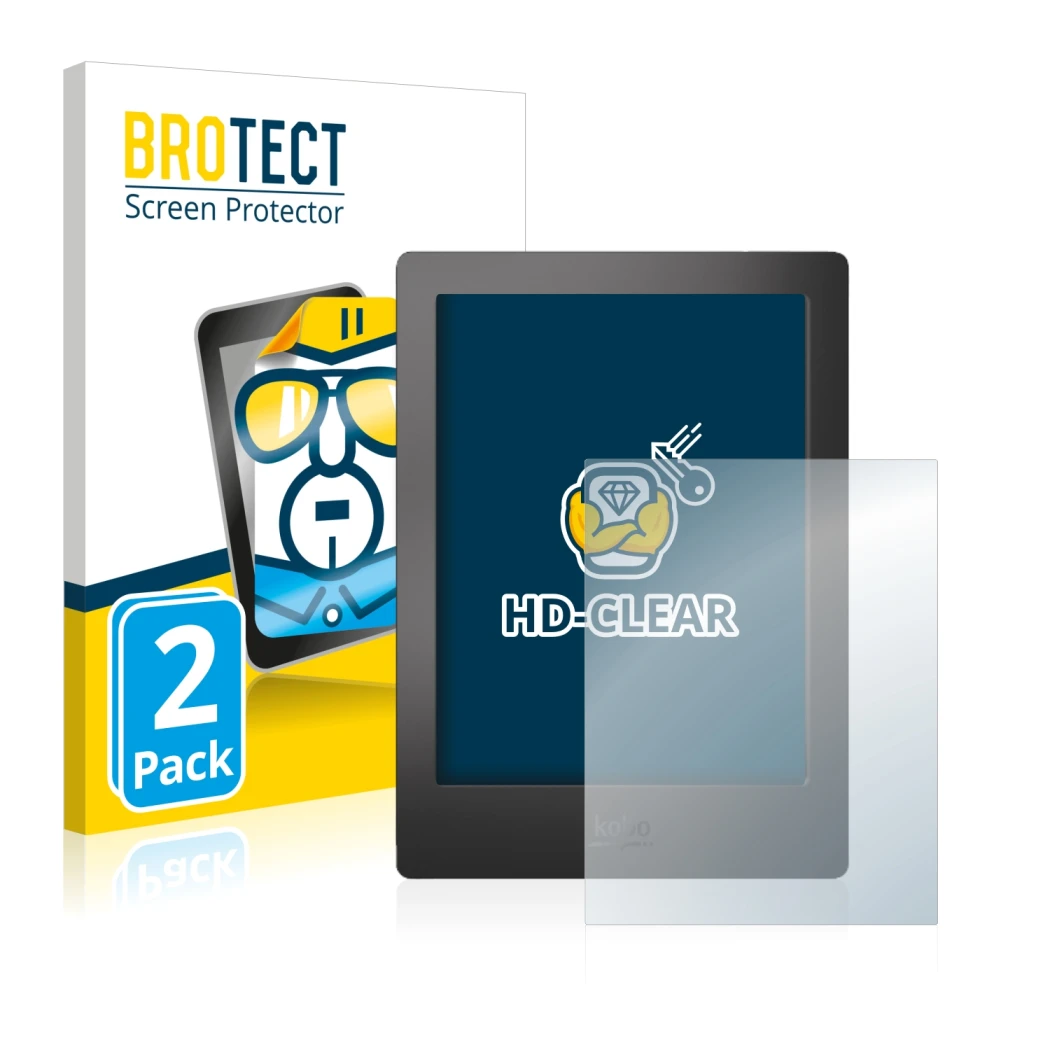 Front side of a product packaging with the brand logo BROTECT. Next to it is the device Kobo Aura H2O shown with the correspon