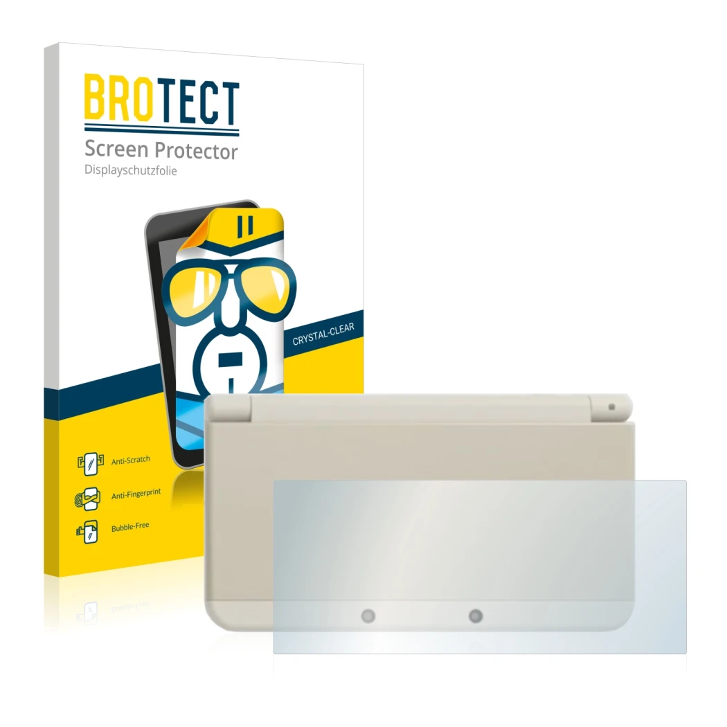 Front side of a product packaging with the brand logo BROTECT. Next to it is the device Nintendo New 3DS (housing) shown with