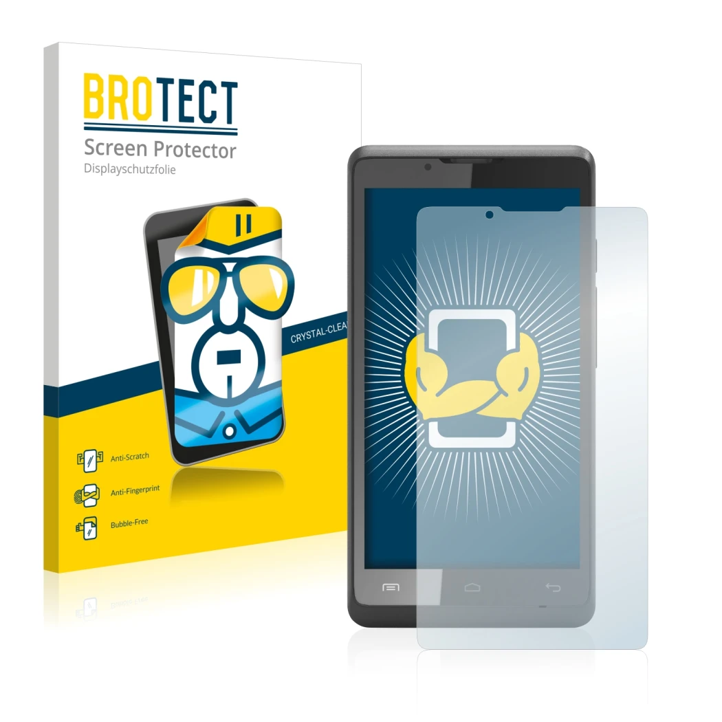 Front side of a product packaging with the brand logo BROTECT. Next to it is the device Archos 40c Titanium shown with the cor