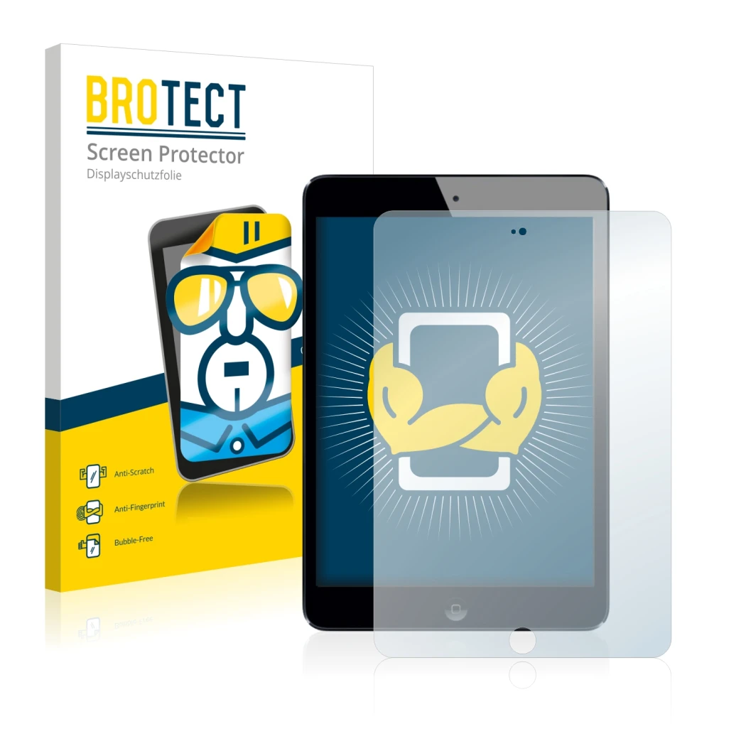 Front side of a product packaging with the brand logo BROTECT. Next to it is the device Apple iPad Mini 3 2014 shown with the 
